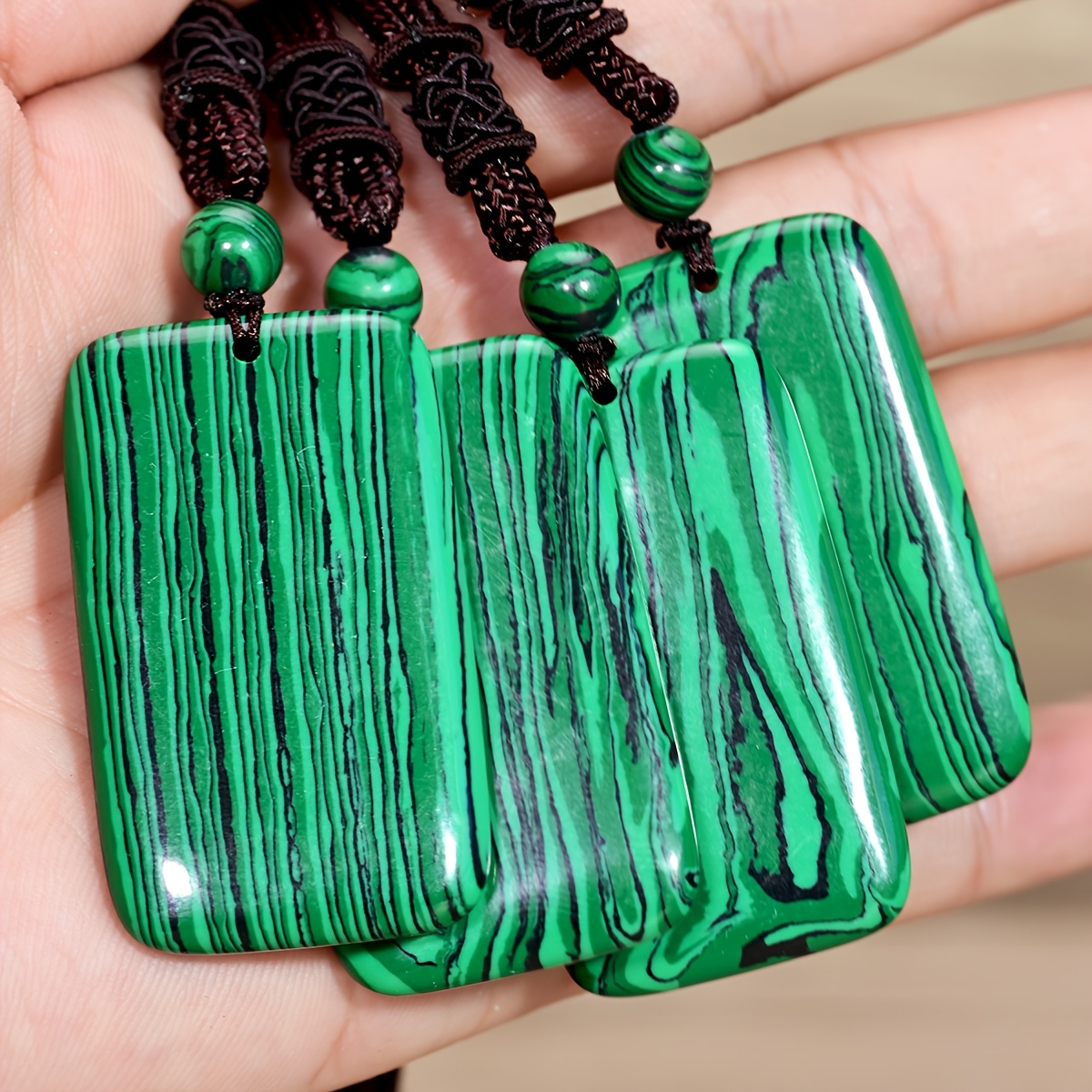 Malachite Square Pendant Long Necklace, Bohemian Style